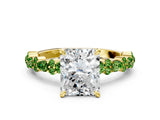 Yellow gold Radiant Cut Diamond Side Stone Solitaire Ring with Round with Peridot side stone and Four-Prong Setting