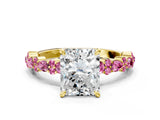 Yellow gold Radiant Cut Diamond Side Stone Solitaire Ring with Round with Pink Sapphire side stone and Four-Prong Setting