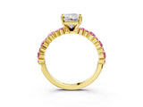 Yellow gold Radiant Cut Diamond Side Stone Solitaire Ring with Round with Pink Sapphire side stone and Four-Prong Setting_3