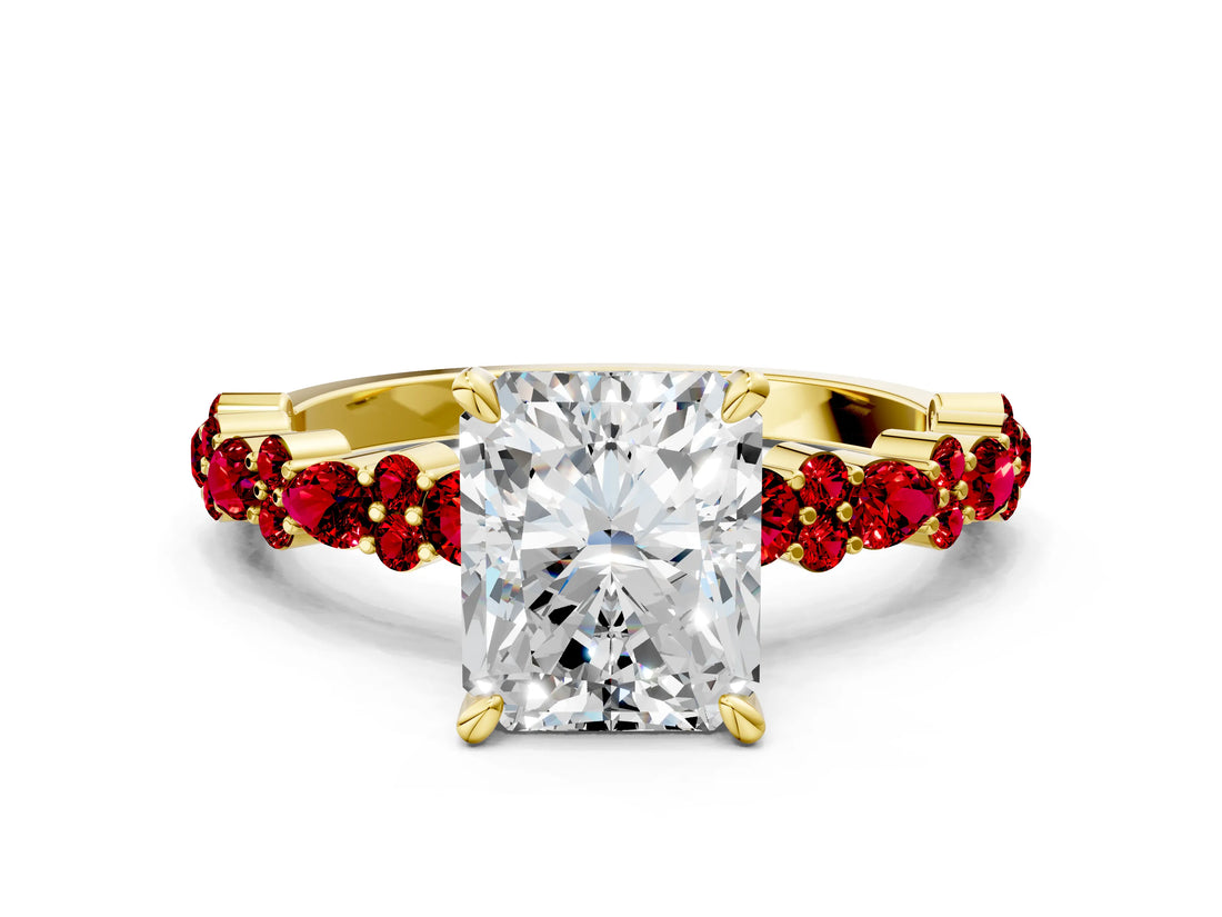 Yellow gold Radiant Cut Diamond Side Stone Solitaire Ring with Round with Ruby side stone and Four-Prong Setting