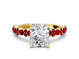 Yellow gold Radiant Cut Diamond Side Stone Solitaire Ring with Round with Ruby side stone and Four-Prong Setting