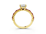 Yellow gold Radiant Cut Diamond Side Stone Solitaire Ring with Round with Ruby side stone and Four-Prong Setting_3