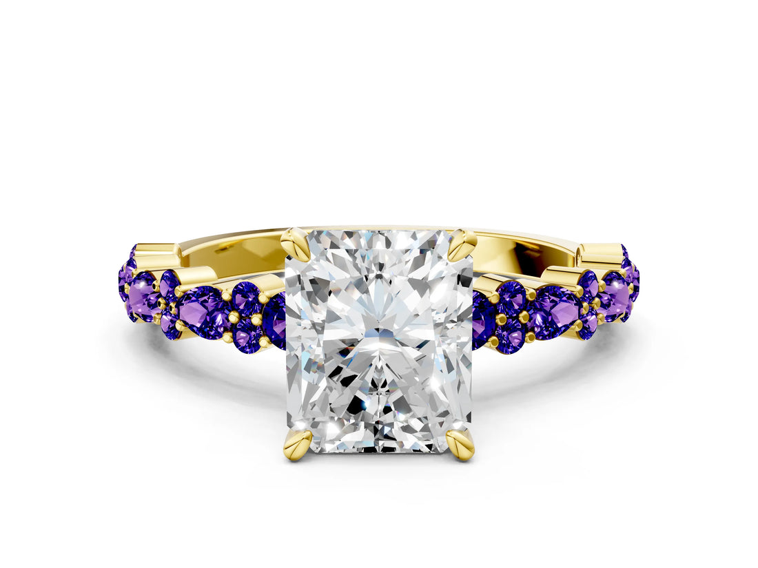 Yellow gold Radiant Cut Diamond Side Stone Solitaire Ring with Round with Tanzanite side stone and Four-Prong Setting