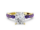 Yellow gold Radiant Cut Diamond Side Stone Solitaire Ring with Round with Tanzanite side stone and Four-Prong Setting