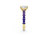 Yellow gold Radiant Cut Diamond Side Stone Solitaire Ring with Round with Tanzanite side stone and Four-Prong Setting_2