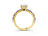 Yellow gold Radiant Cut Diamond Side Stone Solitaire Ring with Round with Tanzanite side stone and Four-Prong Setting_3