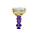 Yellow gold Radiant Cut Diamond Side Stone Solitaire Ring with Round with Tanzanite side stone and Four-Prong Setting_5