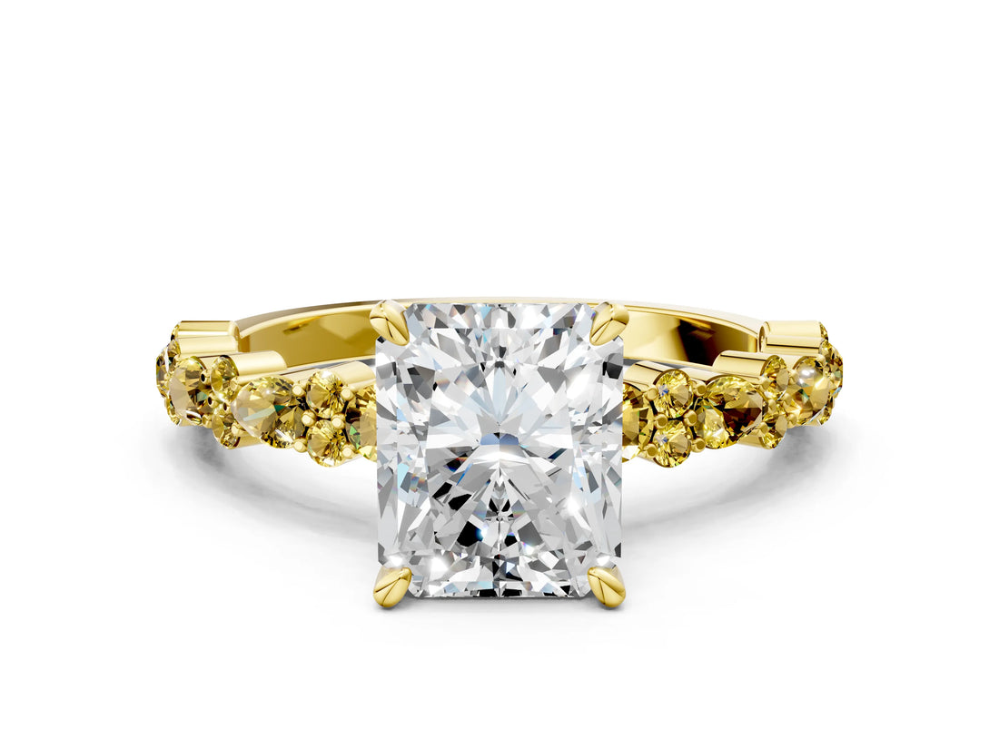 Yellow gold Radiant Cut Diamond Side Stone Solitaire Ring with Round with Yellow Sapphire side stone and Four-Prong Setting
