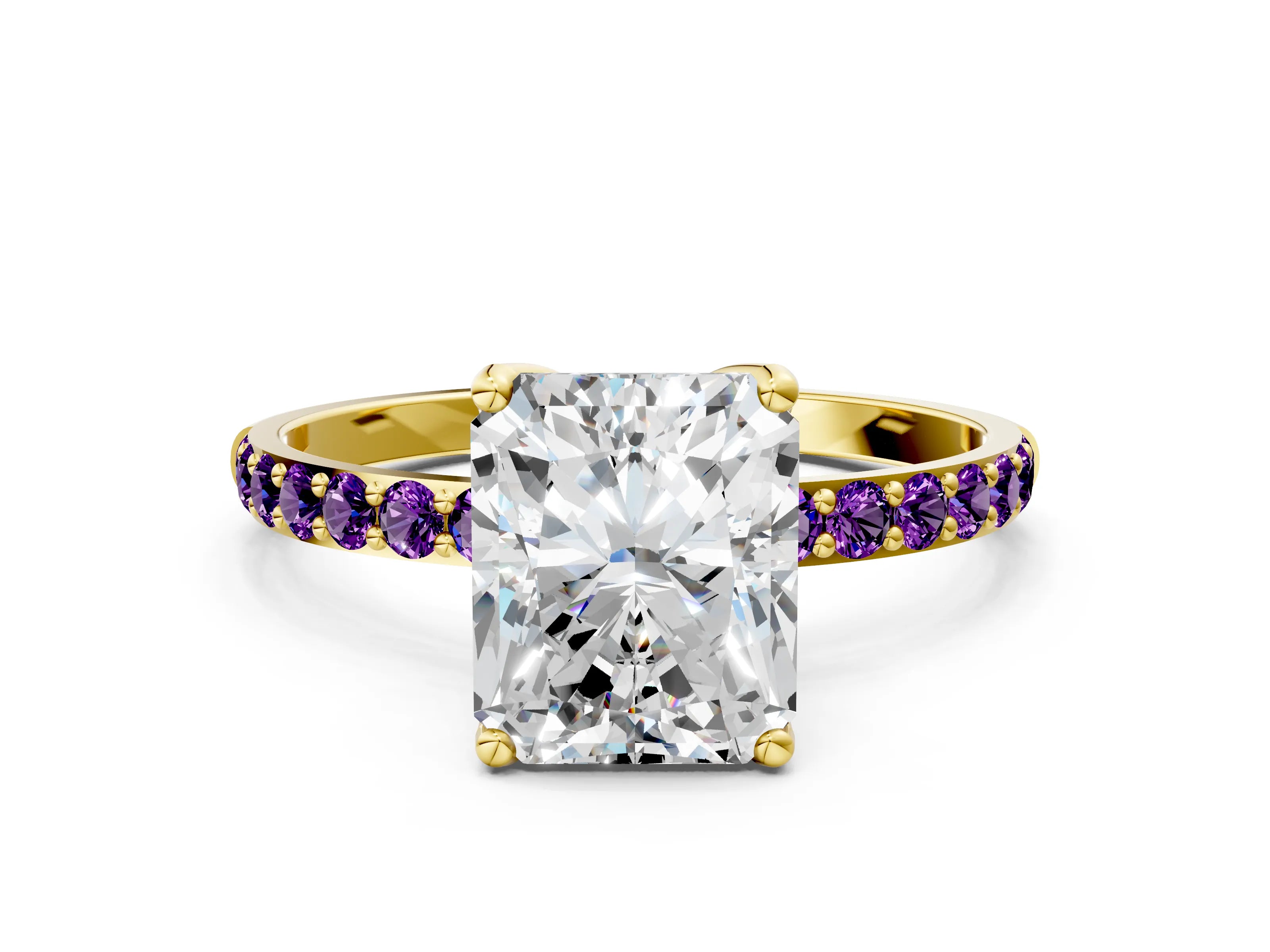 Yellow gold Radiant Cut Diamond Solitaire Engagement Ring with Round with Amethyst side stone Pavé Band and Prong Setting