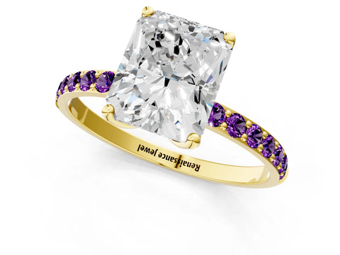 Yellow gold Radiant Cut Diamond Solitaire Engagement Ring with Round with Amethyst side stone Pavé Band and Prong Setting_1