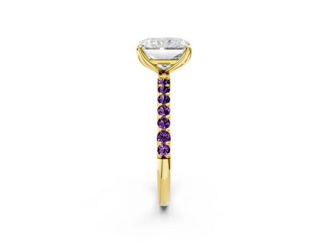 Yellow gold Radiant Cut Diamond Solitaire Engagement Ring with Round with Amethyst side stone Pavé Band and Prong Setting_2