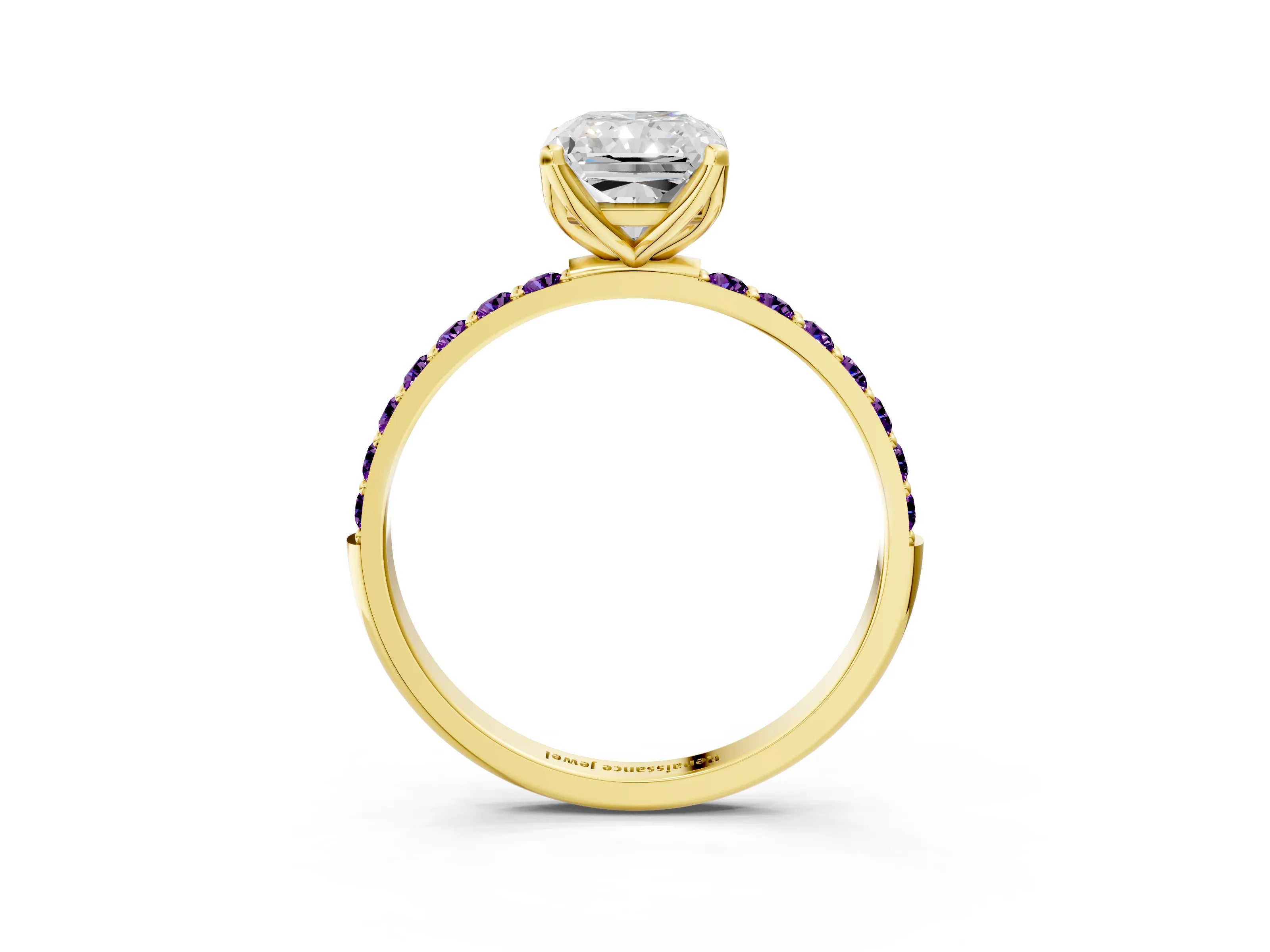Yellow gold Radiant Cut Diamond Solitaire Engagement Ring with Round with Amethyst side stone Pavé Band and Prong Setting_3