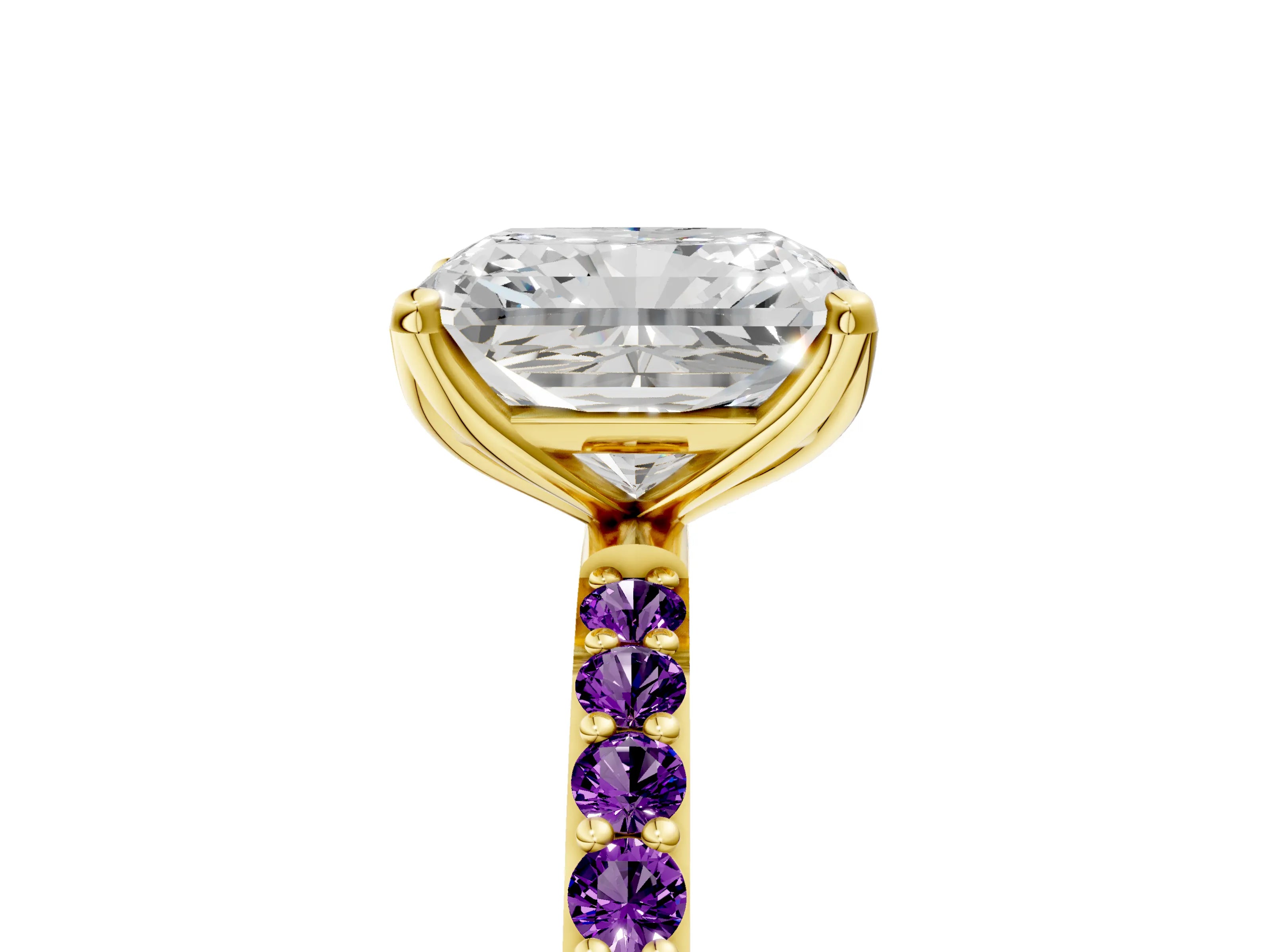 Yellow gold Radiant Cut Diamond Solitaire Engagement Ring with Round with Amethyst side stone Pavé Band and Prong Setting_5