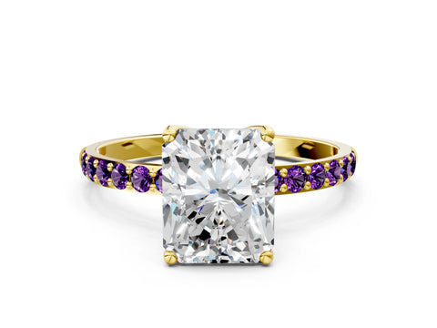 Yellow gold Radiant Cut Diamond Solitaire Engagement Ring with Round with Amethyst side stone Pavé Band and Prong Setting