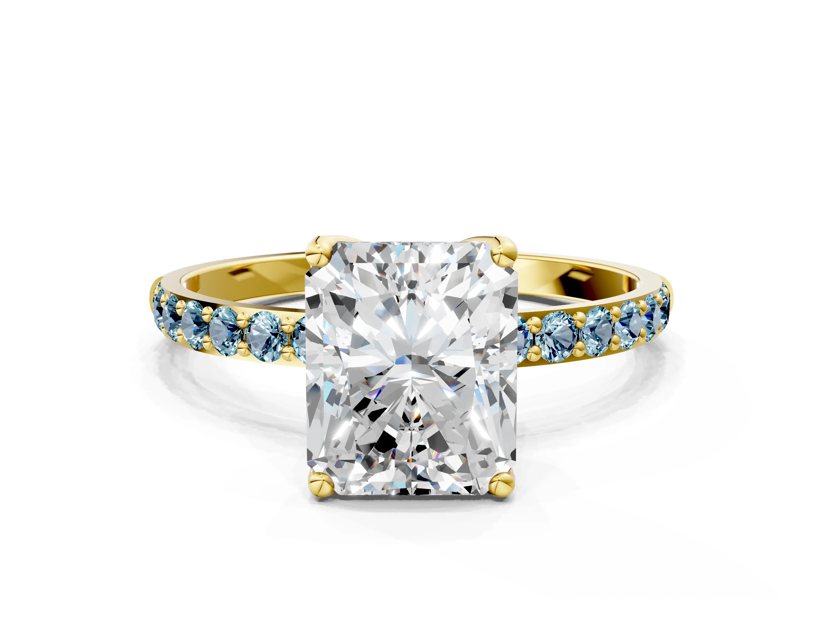 Yellow gold Radiant Cut Diamond Solitaire Engagement Ring with Round with Aquamarine side stone Pavé Band and Prong Setting