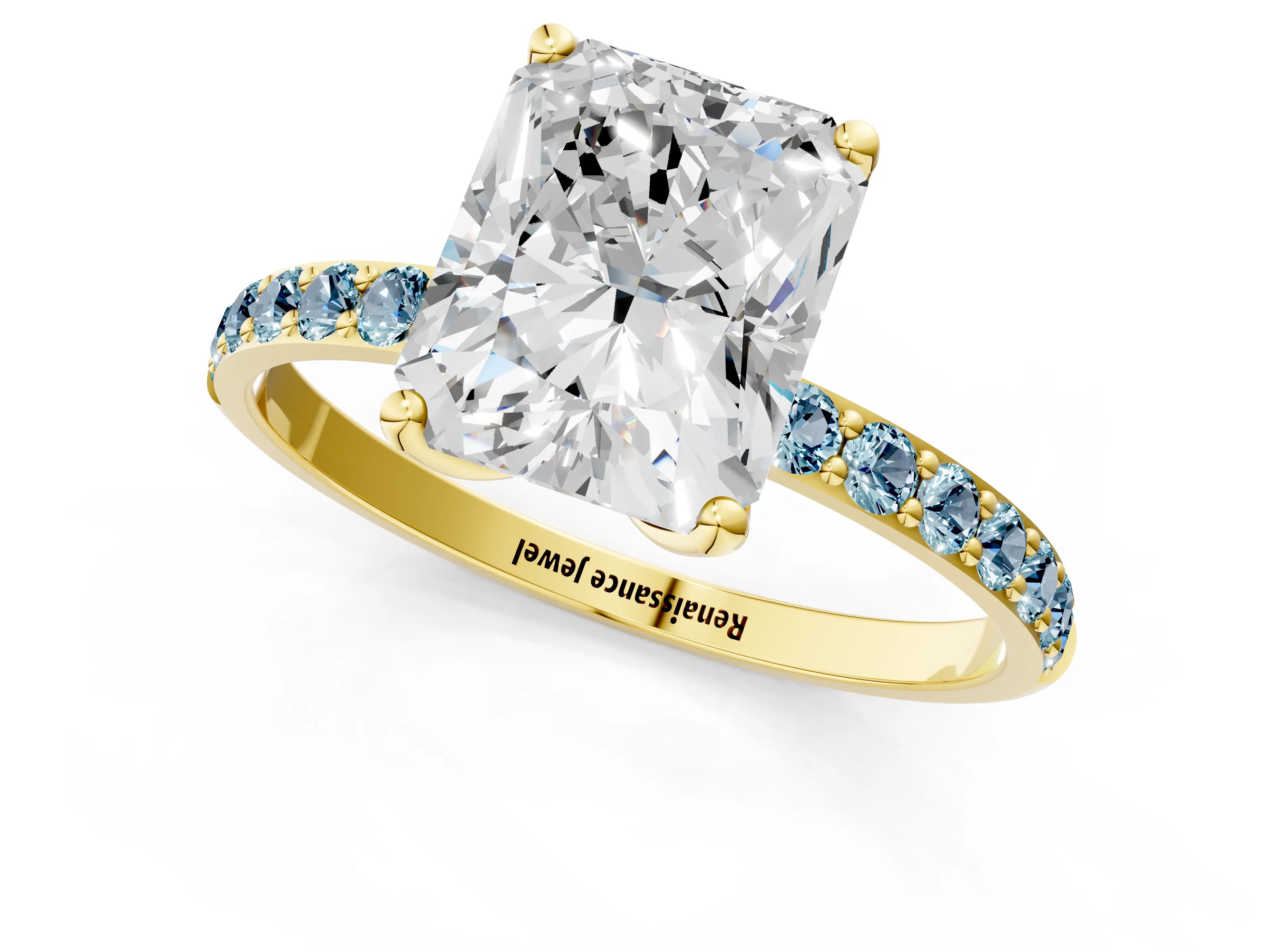 Yellow gold Radiant Cut Diamond Solitaire Engagement Ring with Round with Aquamarine side stone Pavé Band and Prong Setting_1