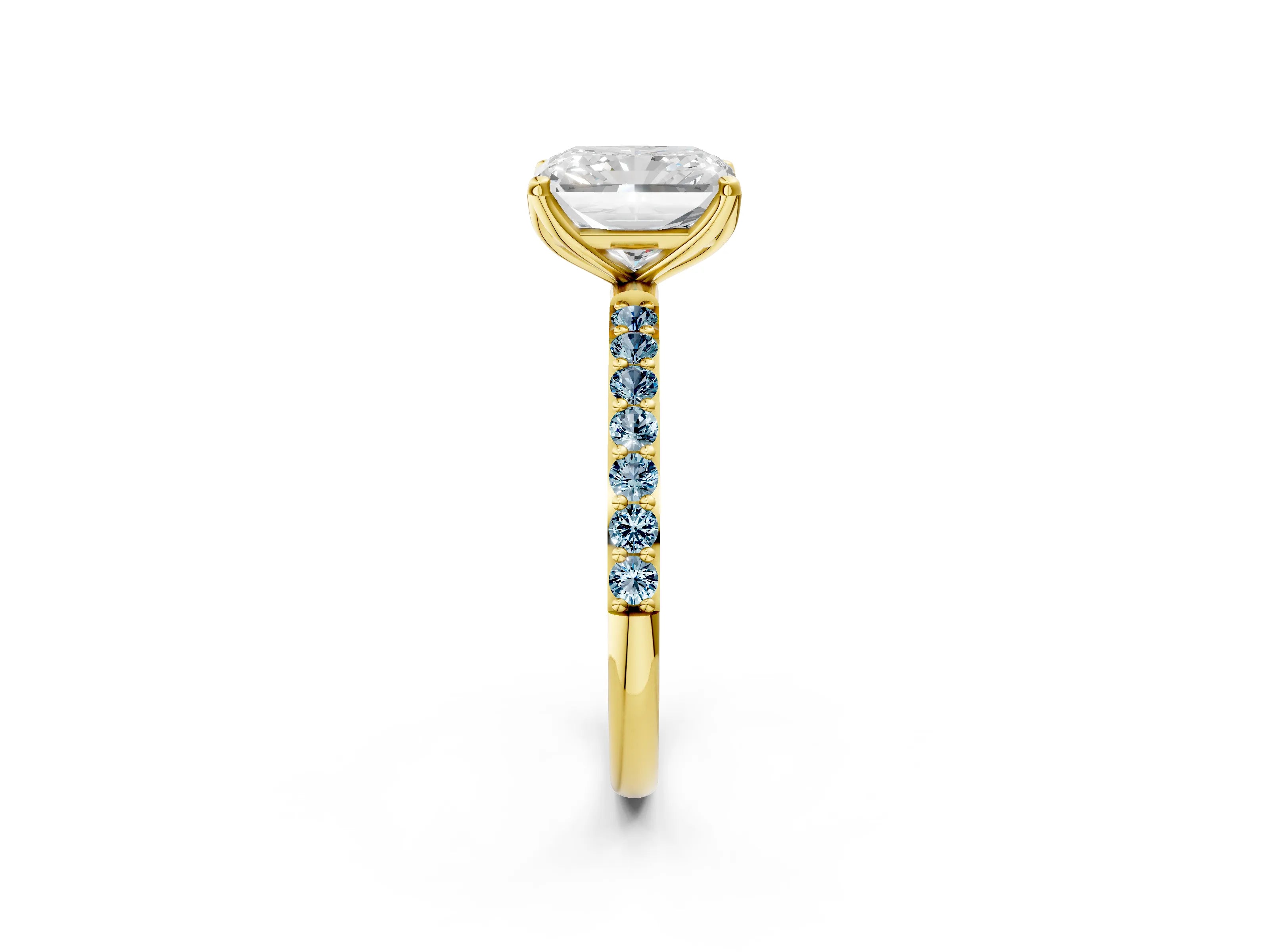 Yellow gold Radiant Cut Diamond Solitaire Engagement Ring with Round with Aquamarine side stone Pavé Band and Prong Setting_2