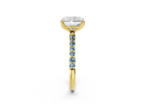 Yellow gold Radiant Cut Diamond Solitaire Engagement Ring with Round with Aquamarine side stone Pavé Band and Prong Setting_2