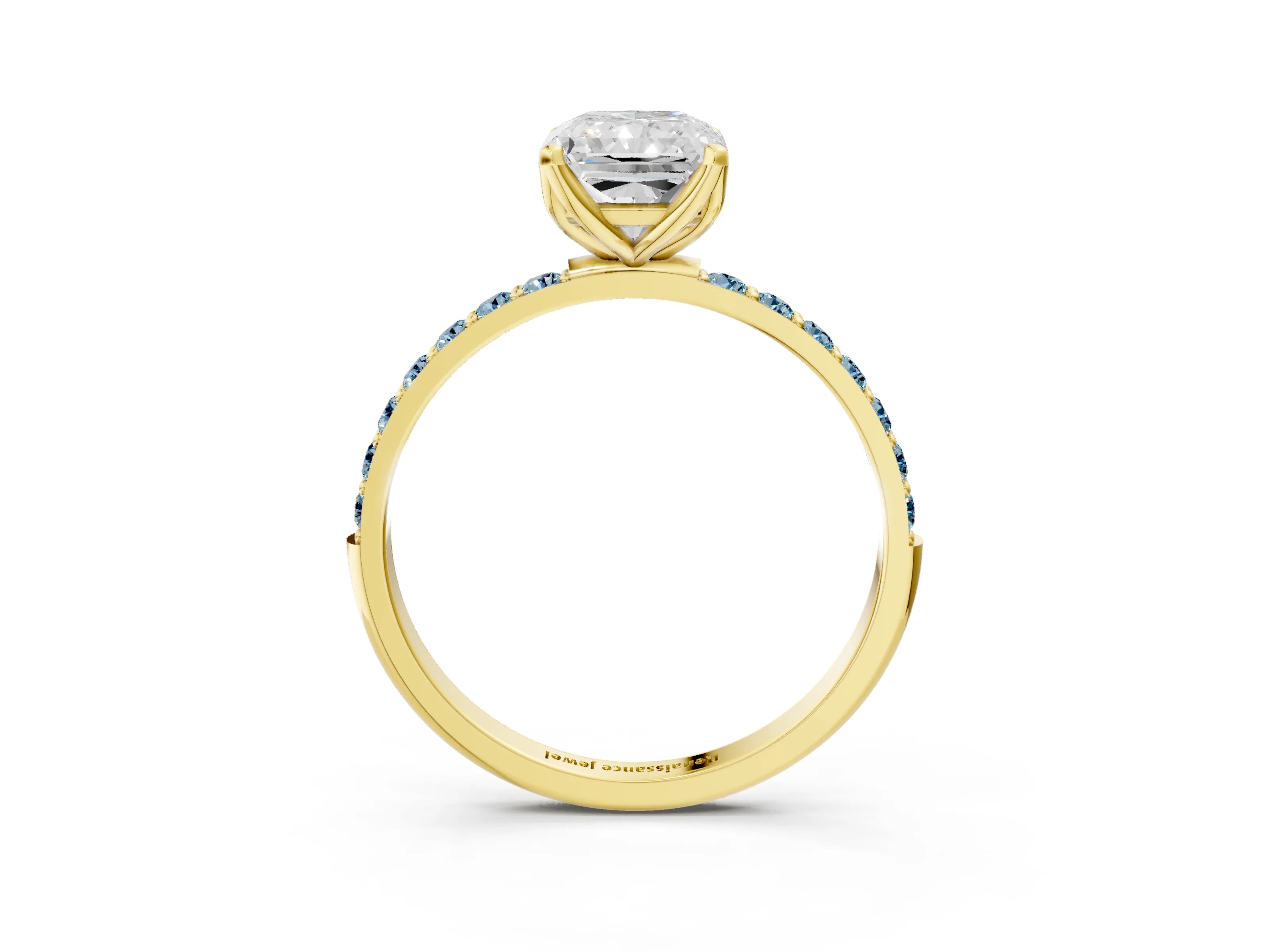 Yellow gold Radiant Cut Diamond Solitaire Engagement Ring with Round with Aquamarine side stone Pavé Band and Prong Setting_3