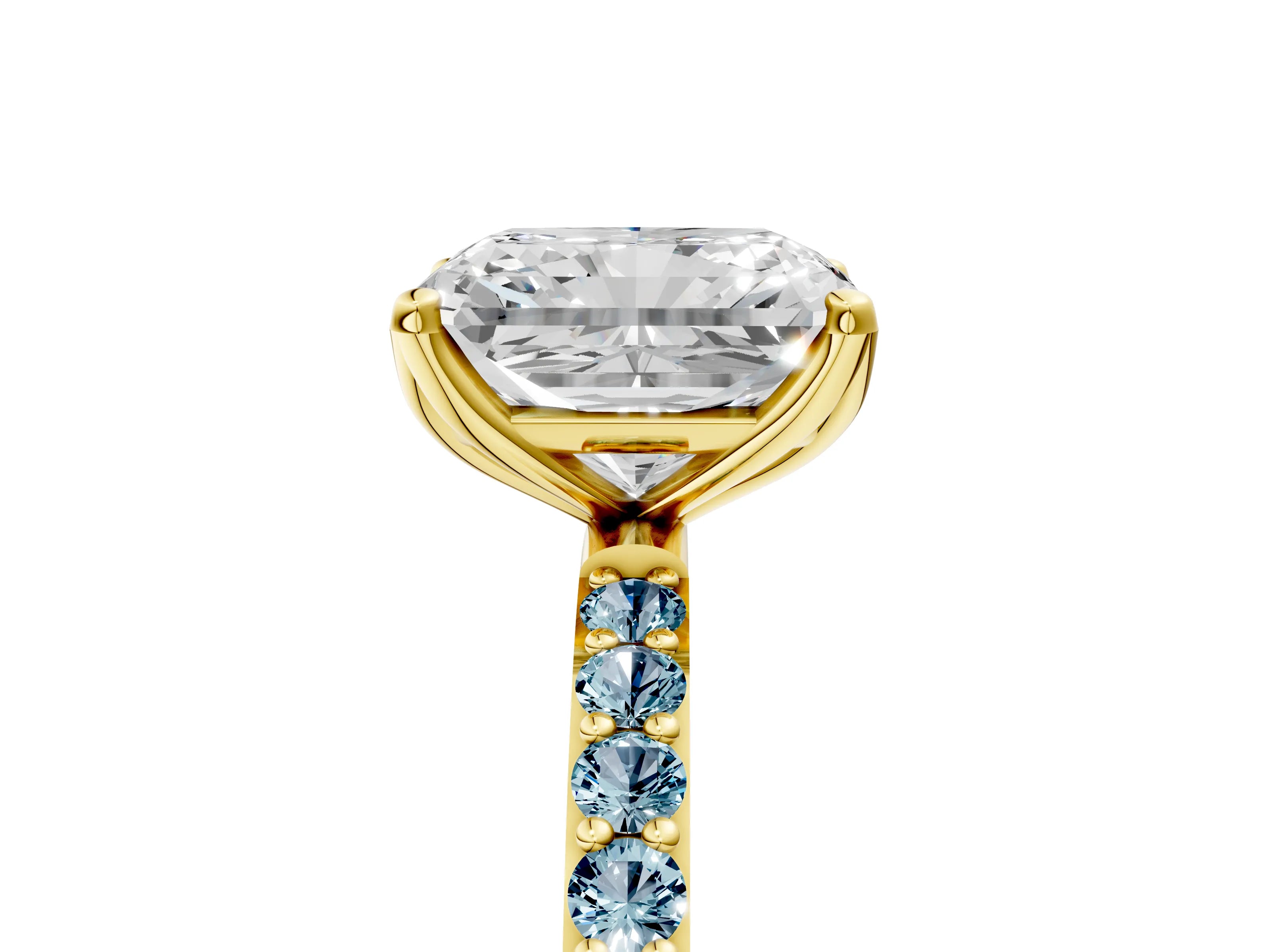 Yellow gold Radiant Cut Diamond Solitaire Engagement Ring with Round with Aquamarine side stone Pavé Band and Prong Setting_5