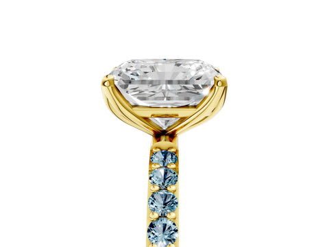 Yellow gold Radiant Cut Diamond Solitaire Engagement Ring with Round with Aquamarine side stone Pavé Band and Prong Setting_5