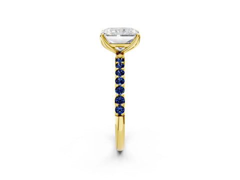 Yellow gold Radiant Cut Diamond Solitaire Engagement Ring with Round with Blue Sapphire side stone Pavé Band and Prong Setting_2
