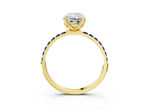 Yellow gold Radiant Cut Diamond Solitaire Engagement Ring with Round with Blue Sapphire side stone Pavé Band and Prong Setting_3