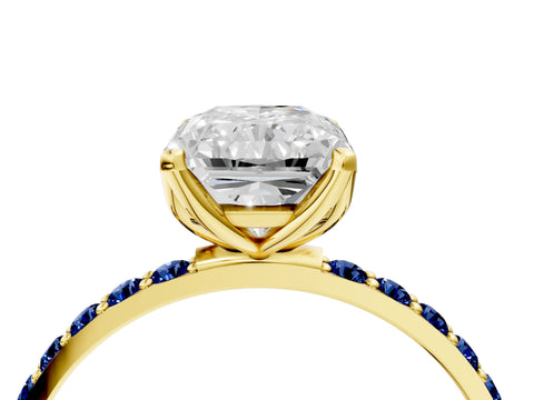 Yellow gold Radiant Cut Diamond Solitaire Engagement Ring with Round with Blue Sapphire side stone Pavé Band and Prong Setting_4