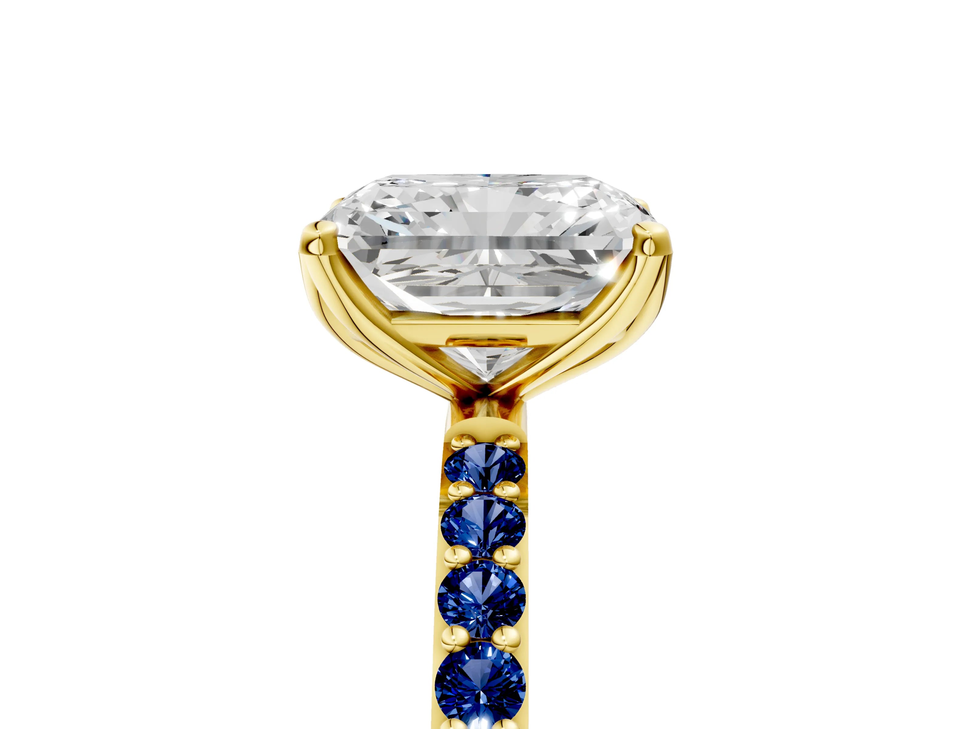 Yellow gold Radiant Cut Diamond Solitaire Engagement Ring with Round with Blue Sapphire side stone Pavé Band and Prong Setting_5