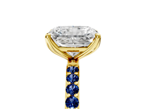 Yellow gold Radiant Cut Diamond Solitaire Engagement Ring with Round with Blue Sapphire side stone Pavé Band and Prong Setting_5