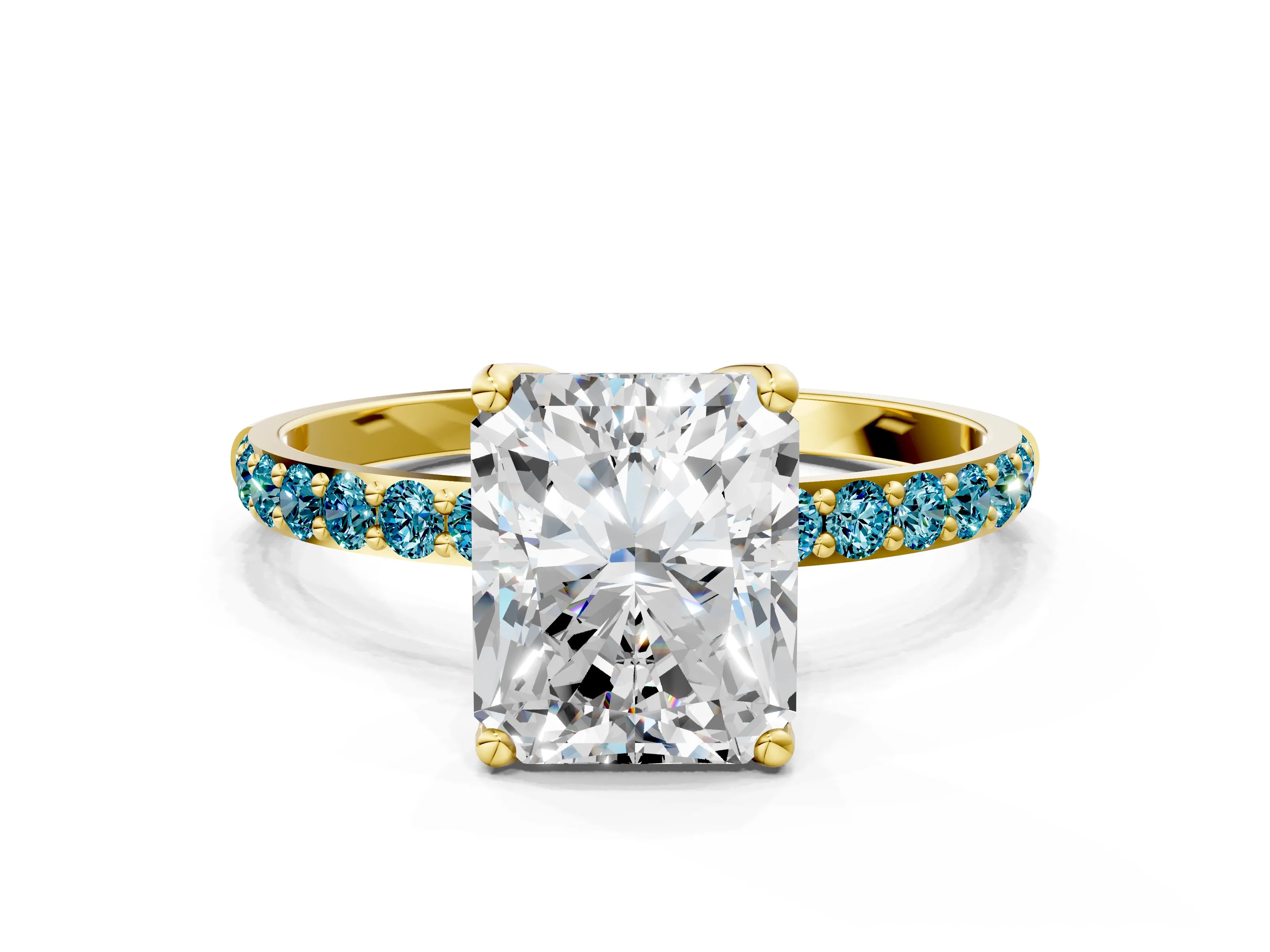 Yellow gold Radiant Cut Diamond Solitaire Engagement Ring with Round with Blue Topaz side stone Pavé Band and Prong Setting
