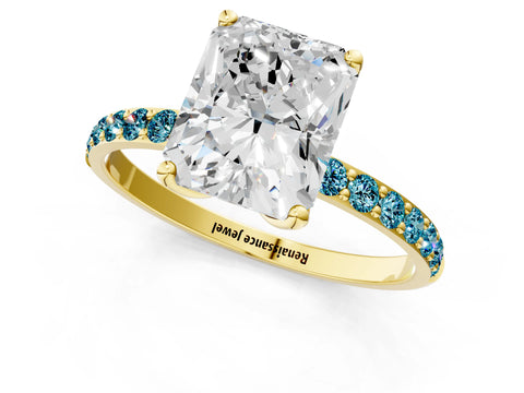 Yellow gold Radiant Cut Diamond Solitaire Engagement Ring with Round with Blue Topaz side stone Pavé Band and Prong Setting_1