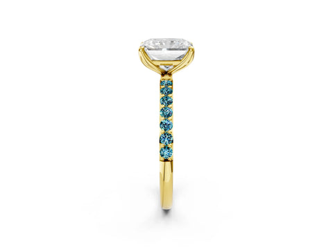 Yellow gold Radiant Cut Diamond Solitaire Engagement Ring with Round with Blue Topaz side stone Pavé Band and Prong Setting_2