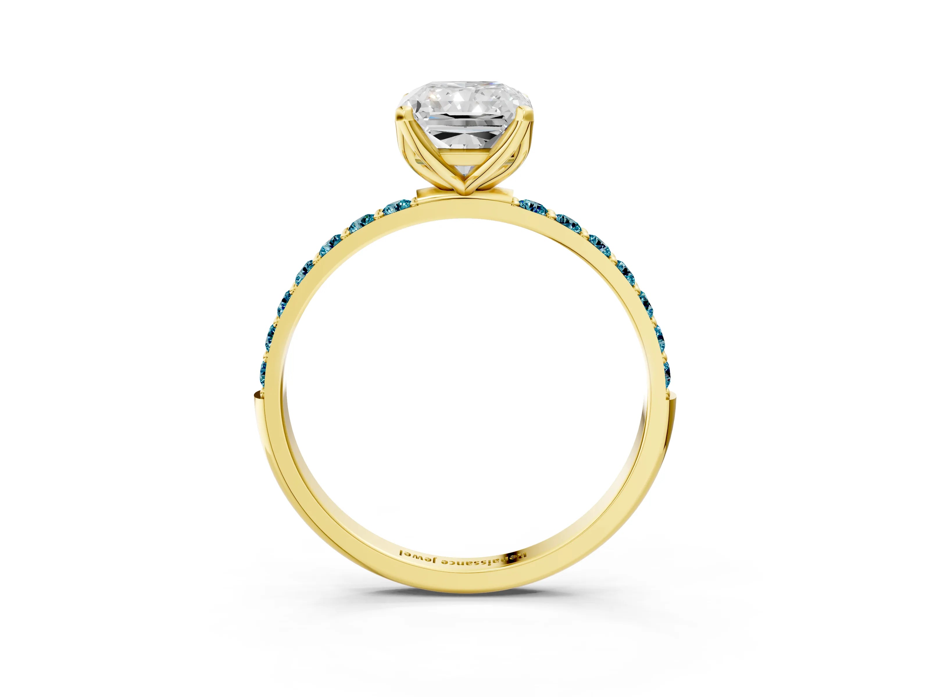 Yellow gold Radiant Cut Diamond Solitaire Engagement Ring with Round with Blue Topaz side stone Pavé Band and Prong Setting_3