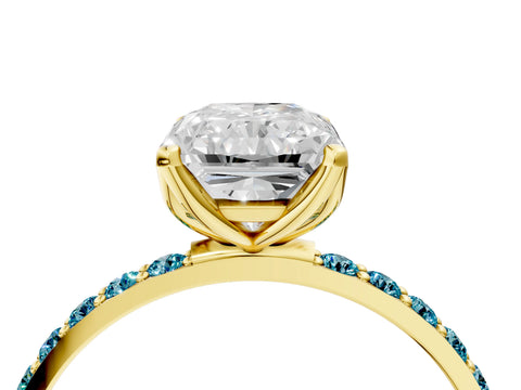 Yellow gold Radiant Cut Diamond Solitaire Engagement Ring with Round with Blue Topaz side stone Pavé Band and Prong Setting_4