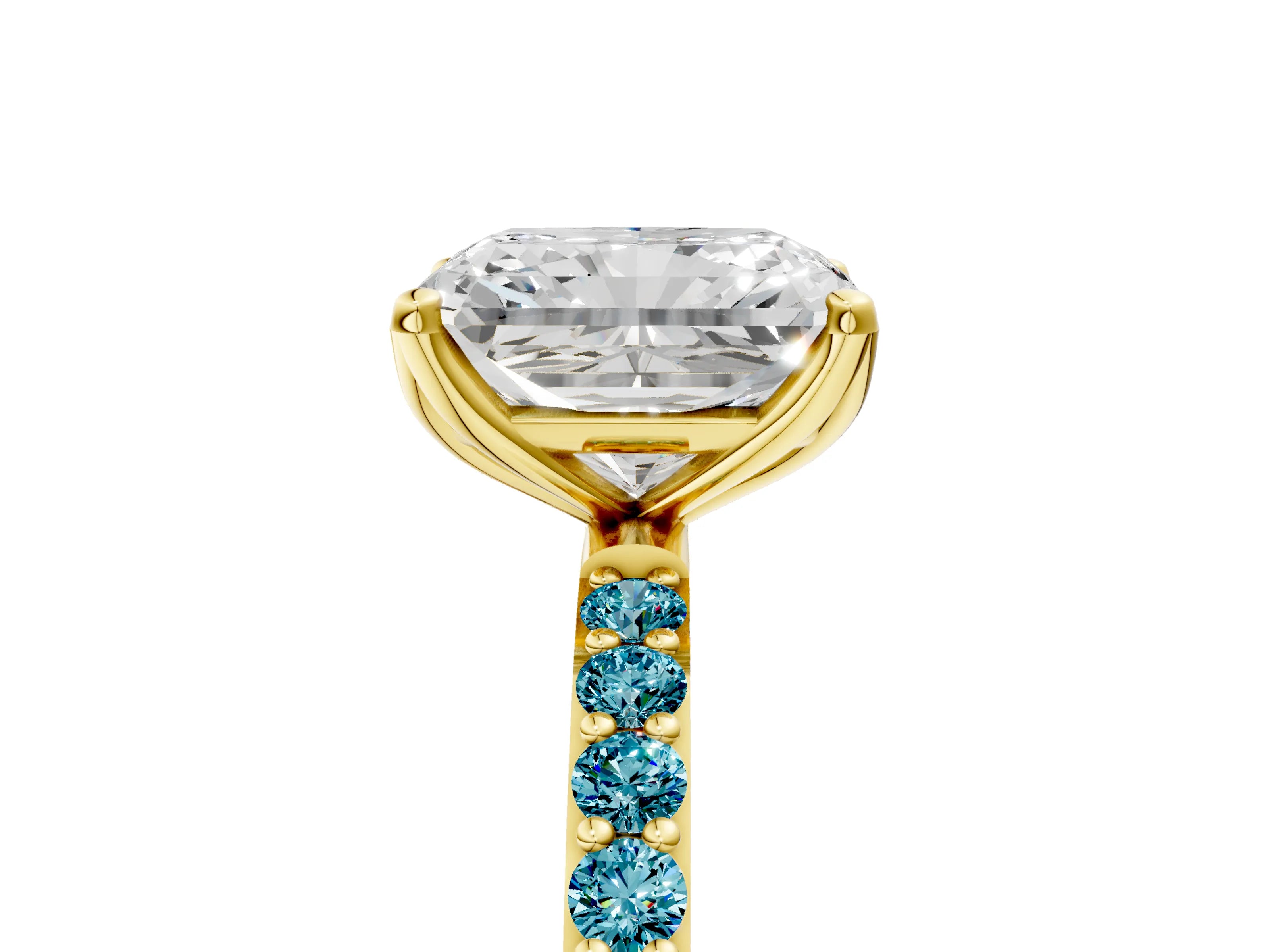 Yellow gold Radiant Cut Diamond Solitaire Engagement Ring with Round with Blue Topaz side stone Pavé Band and Prong Setting_5