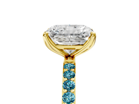 Yellow gold Radiant Cut Diamond Solitaire Engagement Ring with Round with Blue Topaz side stone Pavé Band and Prong Setting_5