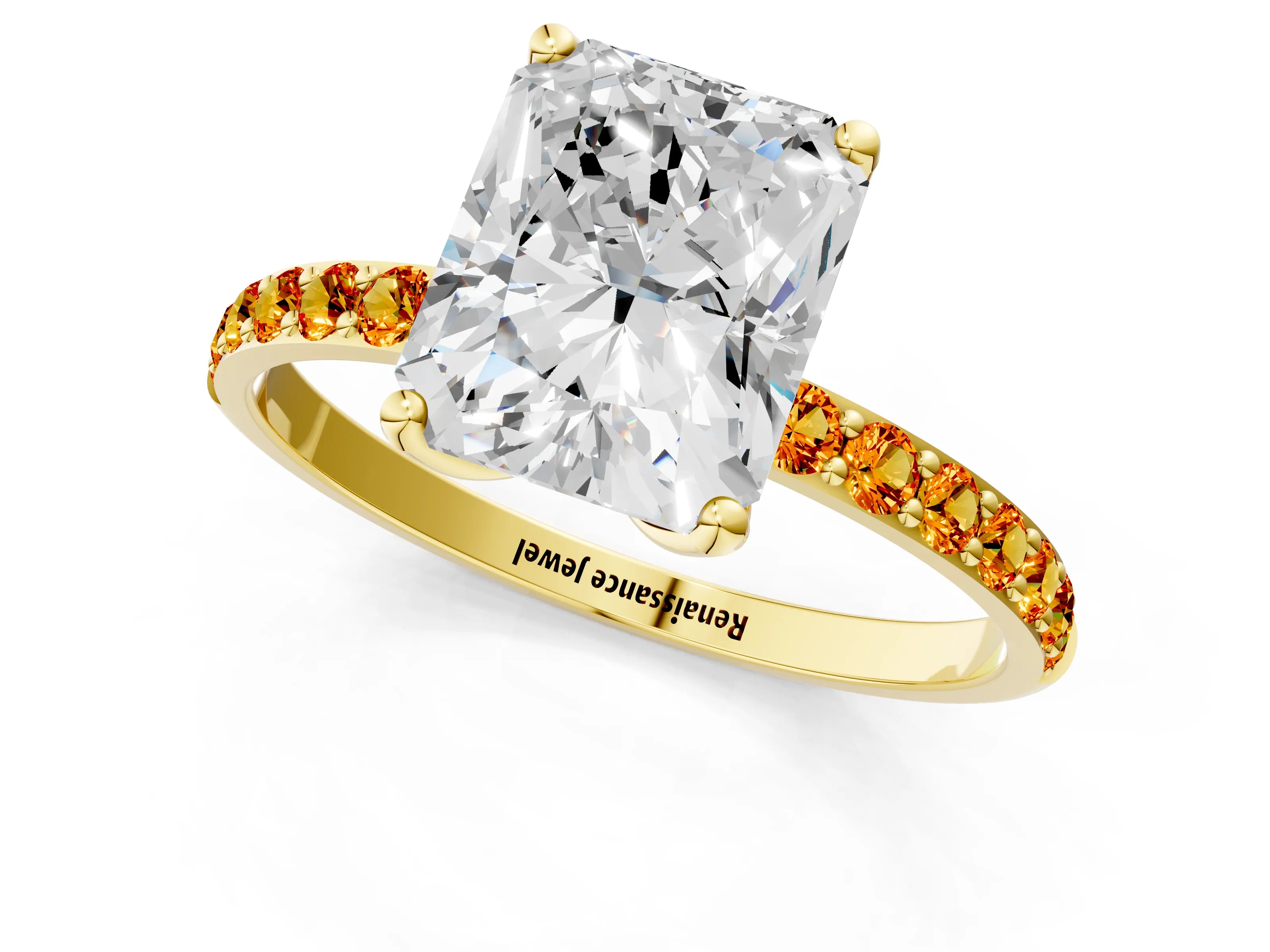 Yellow gold Radiant Cut Diamond Solitaire Engagement Ring with Round with Citrine side stone Pavé Band and Prong Setting_1