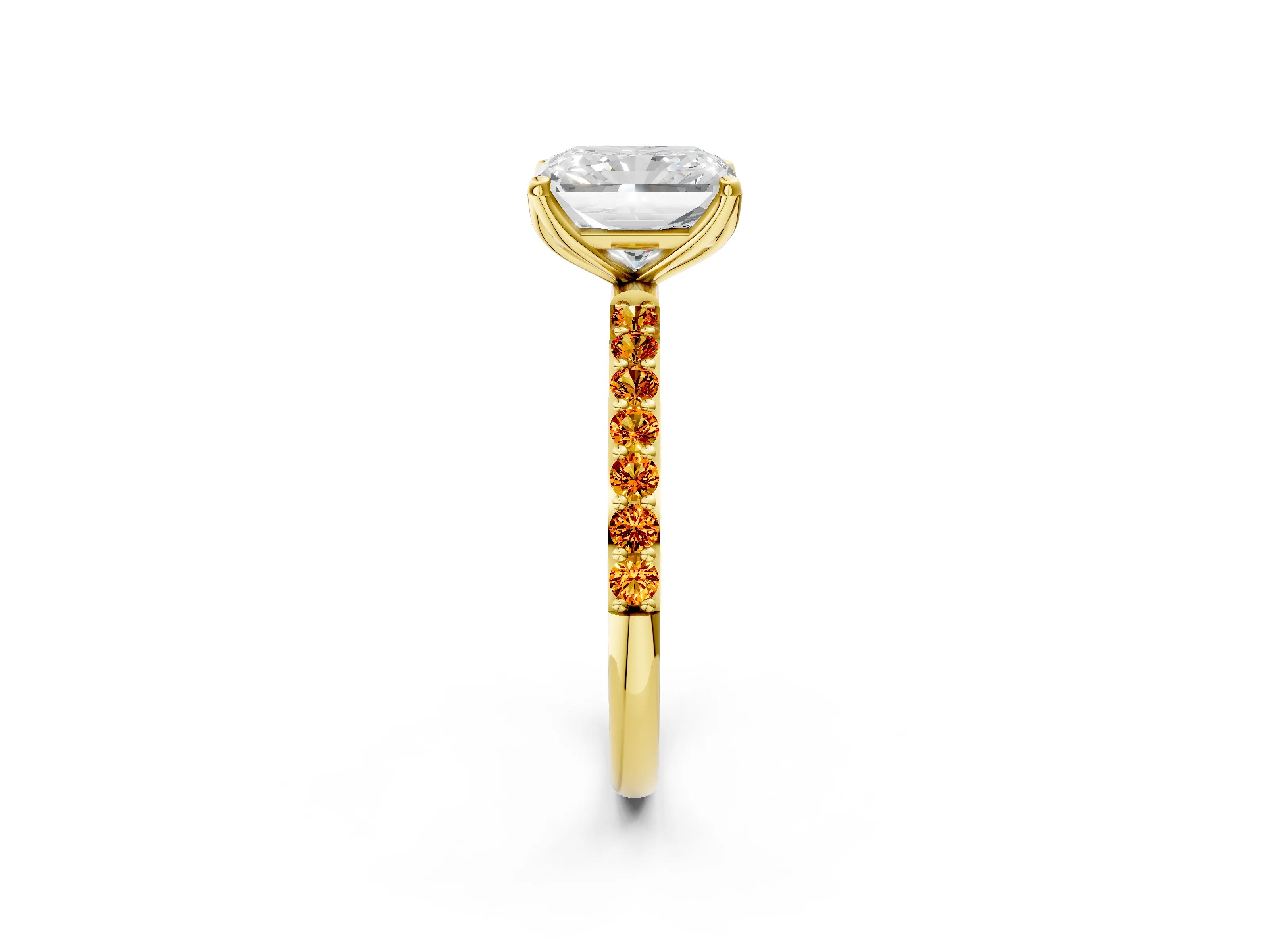 Yellow gold Radiant Cut Diamond Solitaire Engagement Ring with Round with Citrine side stone Pavé Band and Prong Setting_2