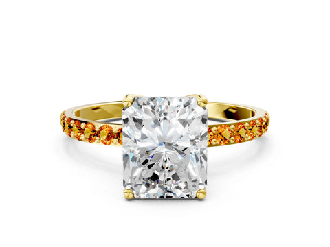Yellow gold Radiant Cut Diamond Solitaire Engagement Ring with Round with Citrine side stone Pavé Band and Prong Setting