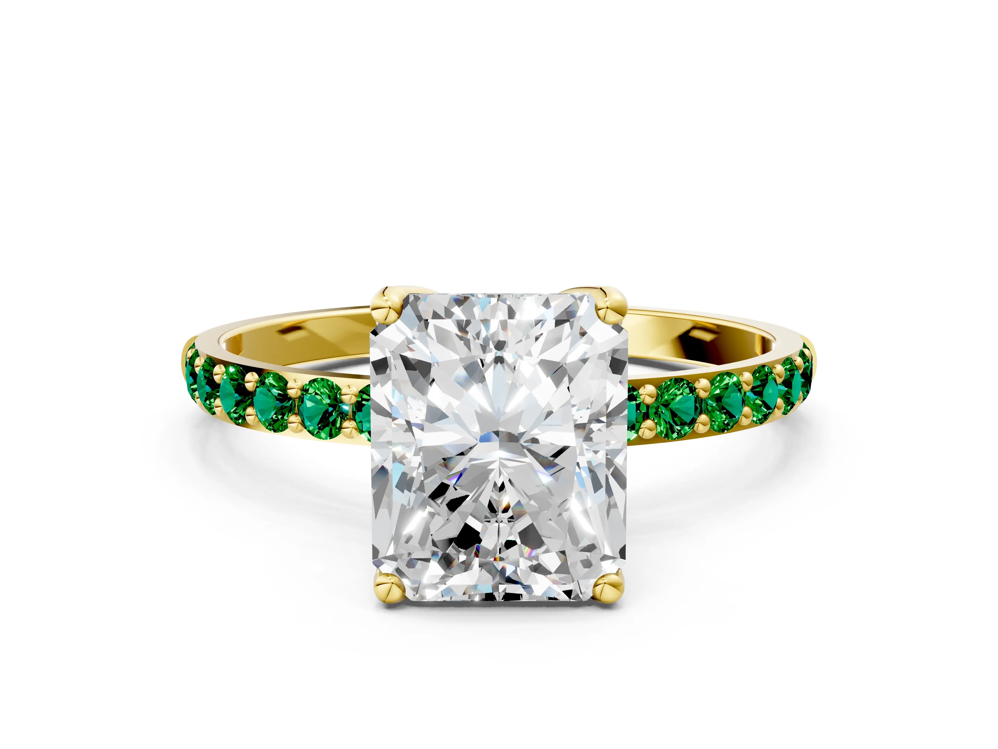Yellow gold Radiant Cut Diamond Solitaire Engagement Ring with Round with Emerald side stone Pavé Band and Prong Setting