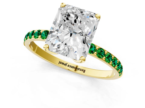 Yellow gold Radiant Cut Diamond Solitaire Engagement Ring with Round with Emerald side stone Pavé Band and Prong Setting_1