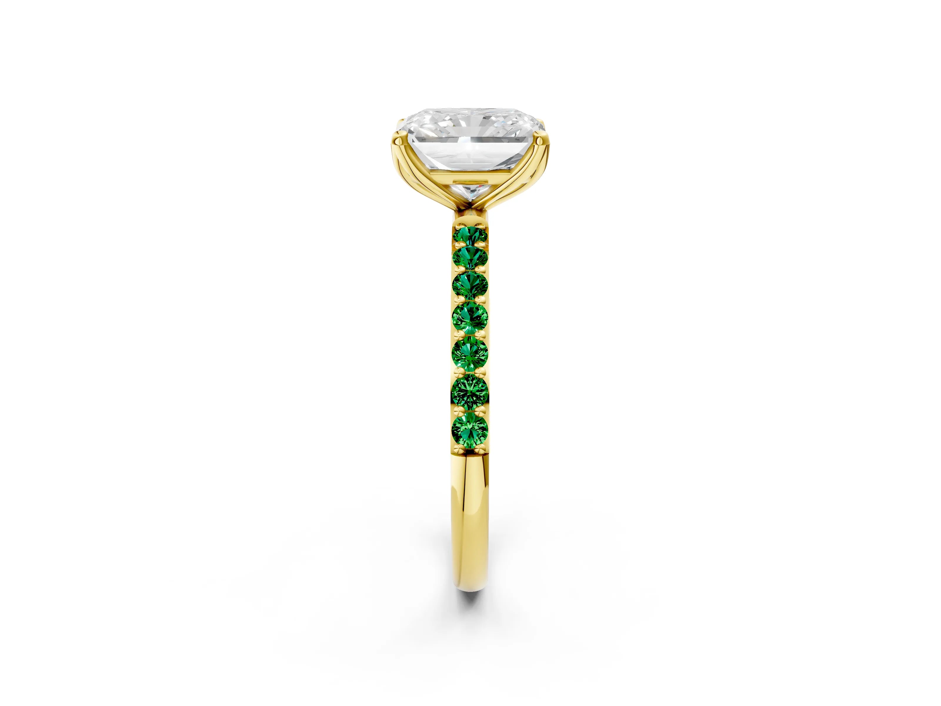 Yellow gold Radiant Cut Diamond Solitaire Engagement Ring with Round with Emerald side stone Pavé Band and Prong Setting_2