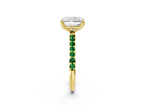 Yellow gold Radiant Cut Diamond Solitaire Engagement Ring with Round with Emerald side stone Pavé Band and Prong Setting_2