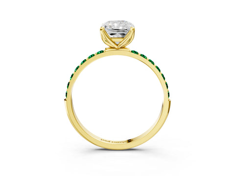 Yellow gold Radiant Cut Diamond Solitaire Engagement Ring with Round with Emerald side stone Pavé Band and Prong Setting_3