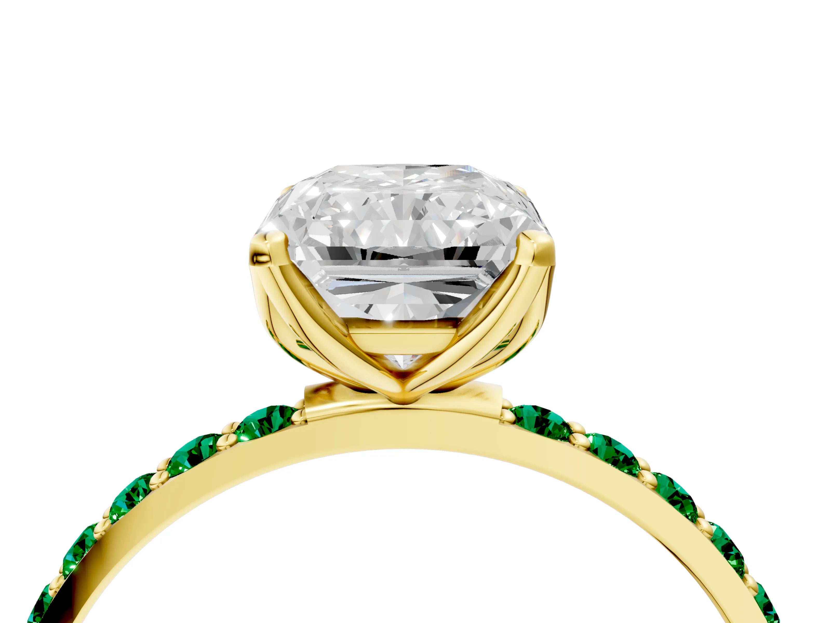 Yellow gold Radiant Cut Diamond Solitaire Engagement Ring with Round with Emerald side stone Pavé Band and Prong Setting_4