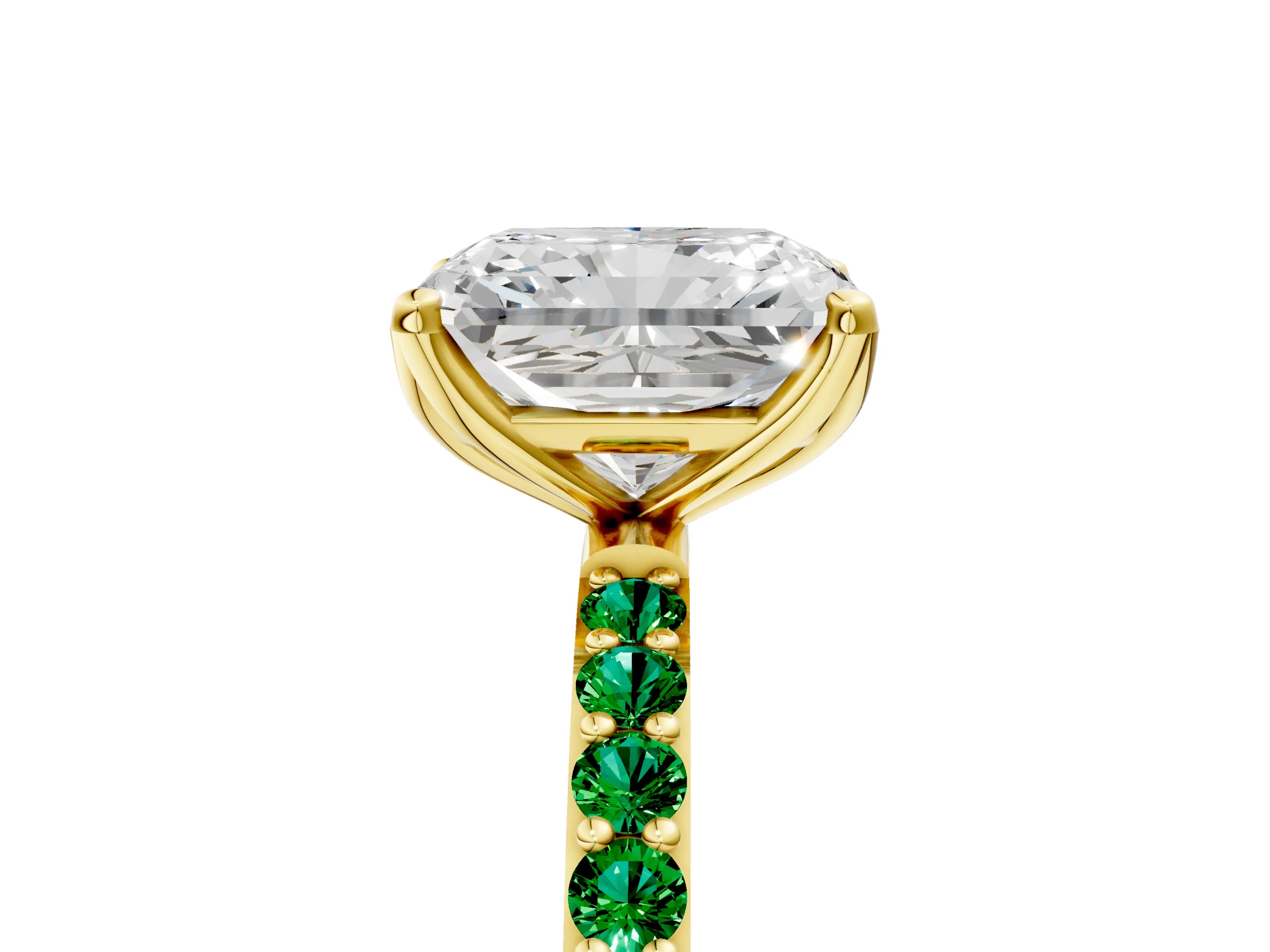 Yellow gold Radiant Cut Diamond Solitaire Engagement Ring with Round with Emerald side stone Pavé Band and Prong Setting_5