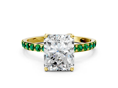 Yellow gold Radiant Cut Diamond Solitaire Engagement Ring with Round with Emerald side stone Pavé Band and Prong Setting