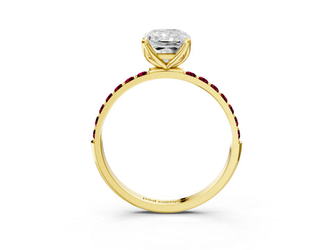 Yellow gold Radiant Cut Diamond Solitaire Engagement Ring with Round with Garnet side stone Pavé Band and Prong Setting_3