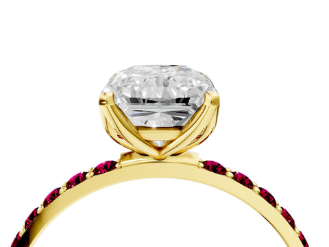 Yellow gold Radiant Cut Diamond Solitaire Engagement Ring with Round with Garnet side stone Pavé Band and Prong Setting_4